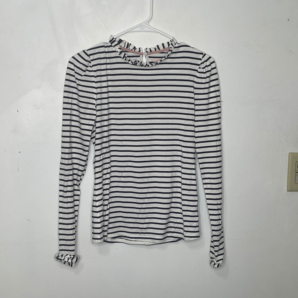 Boden Womens Stripe Ruffle Neck Top Navy White 6 Keyhole Back Nautical Old Money